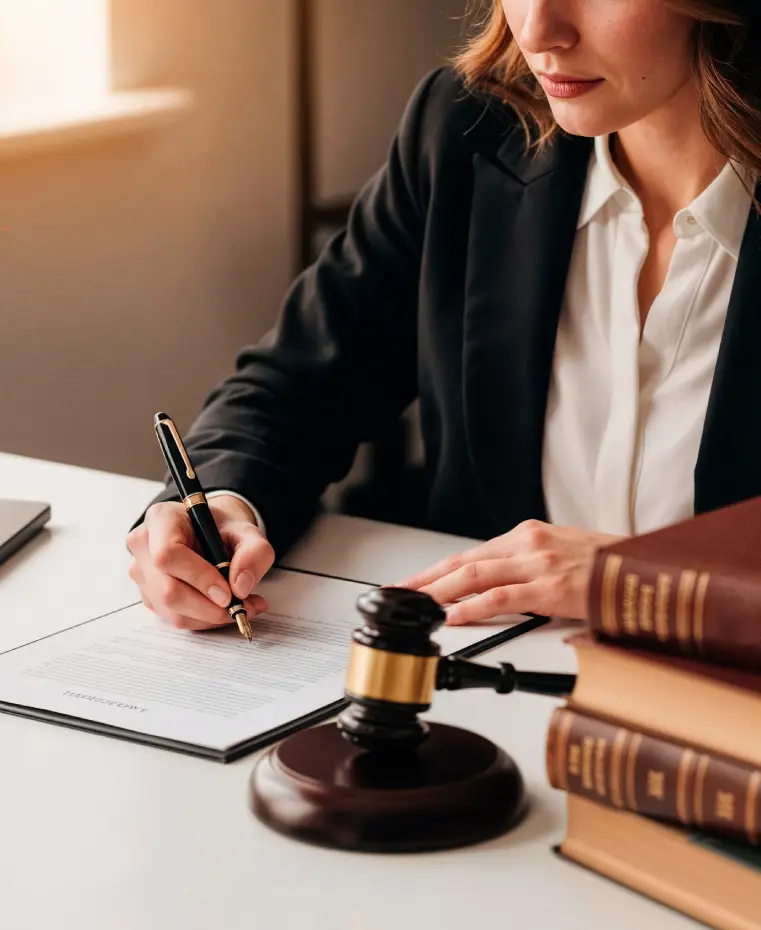 A person in a suit writes on a legal document with a pen, alongside a gavel and stacked law books on a desk
